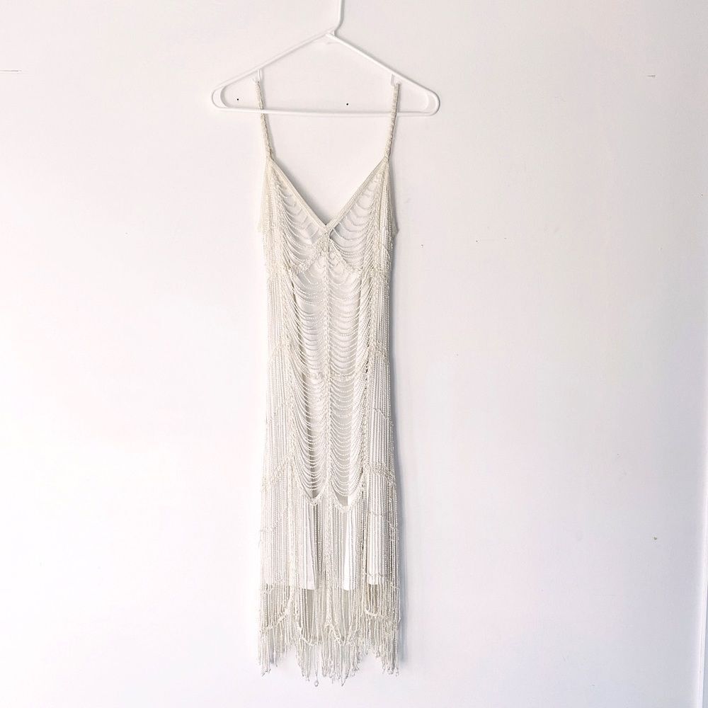 Marina Vintage Beaded Gatsby Style Fringe Dress Size Medium Slightly Off White - Picture 2 of 11